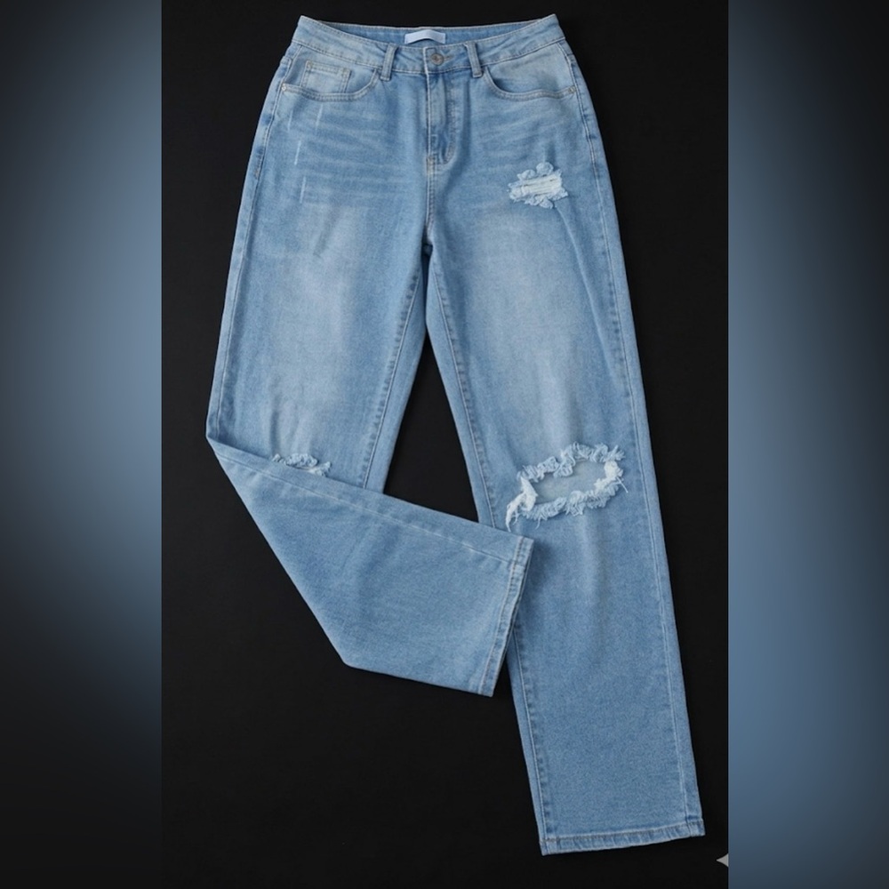 Light Blue Distressed Boyfriend Jeans for Women